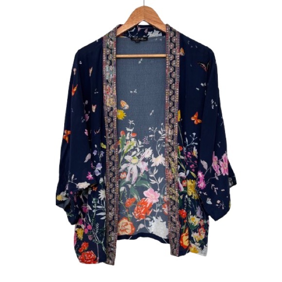 Charlie B Multi Color Butterfly Floral Print Open Front Embroidered Kimono M - Picture 1 of 6